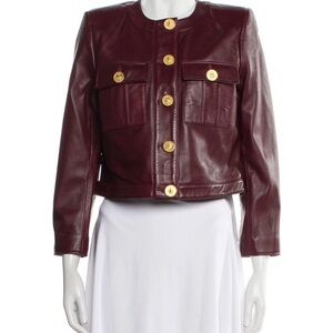 L'AGENCE Burgundy Leather Jacket with Gold Buttons